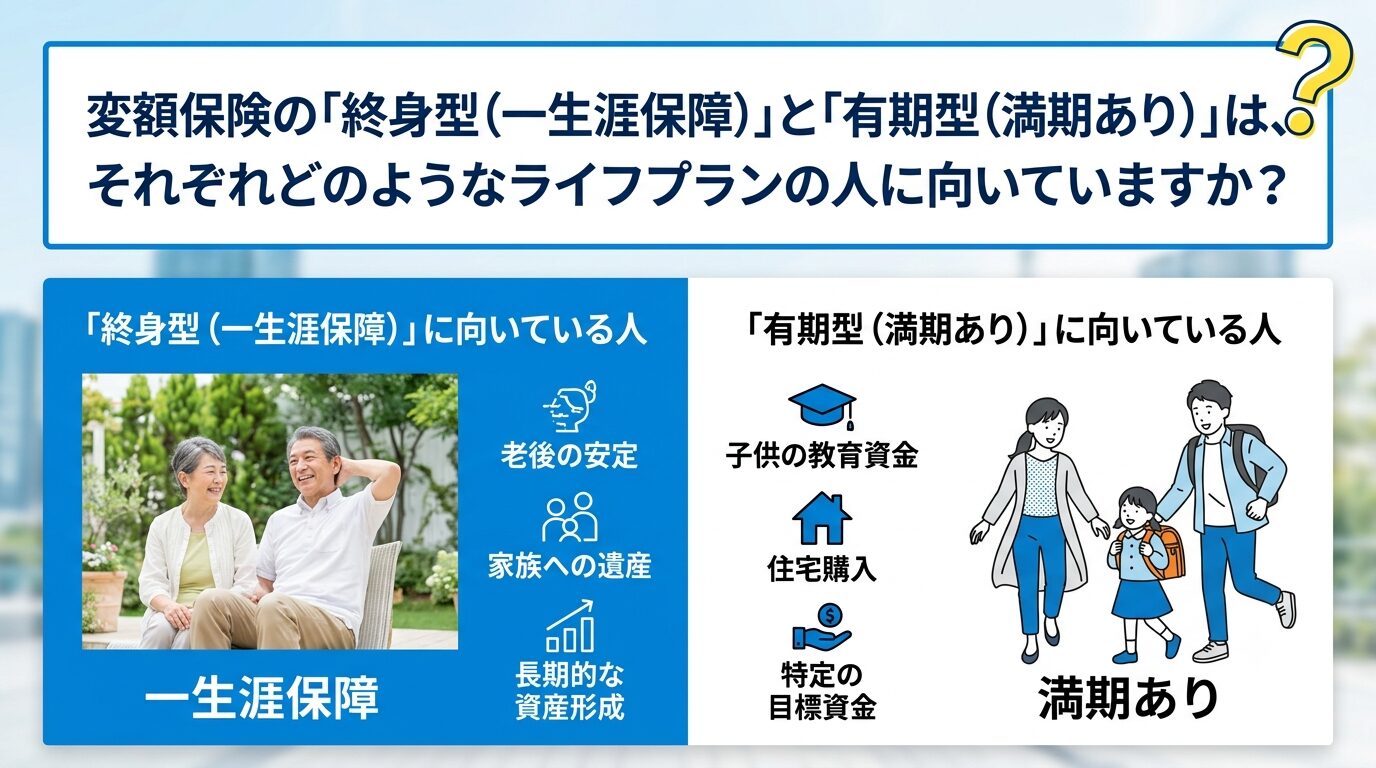 変額保険の「終身型(一生涯保障)」と「有期型(満期あり)」は、それぞれどのようなライフプランの人に向いていますか?
